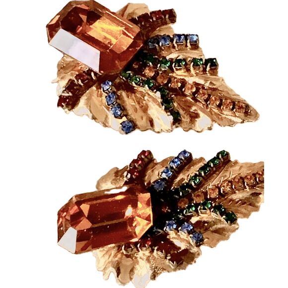 1980s Vintage Statement Clip Ons Earrings, Amber Stone and Jewel Tone Accents - Picture 1 of 2